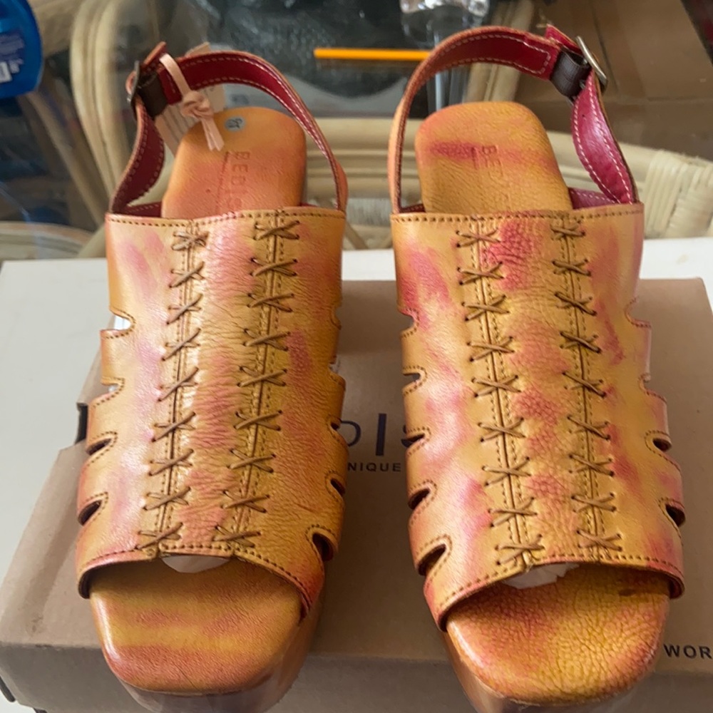 Bed Stu Yellow and Pink Leather Platform Sandals